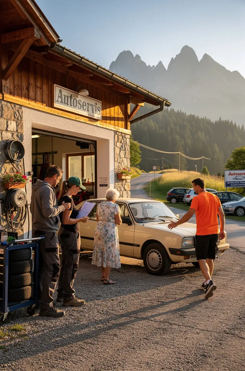 Mechanik pracuje pod kapotou vozidla, využívajúc dostupné náhradné diely zo špecializovanej dielne.